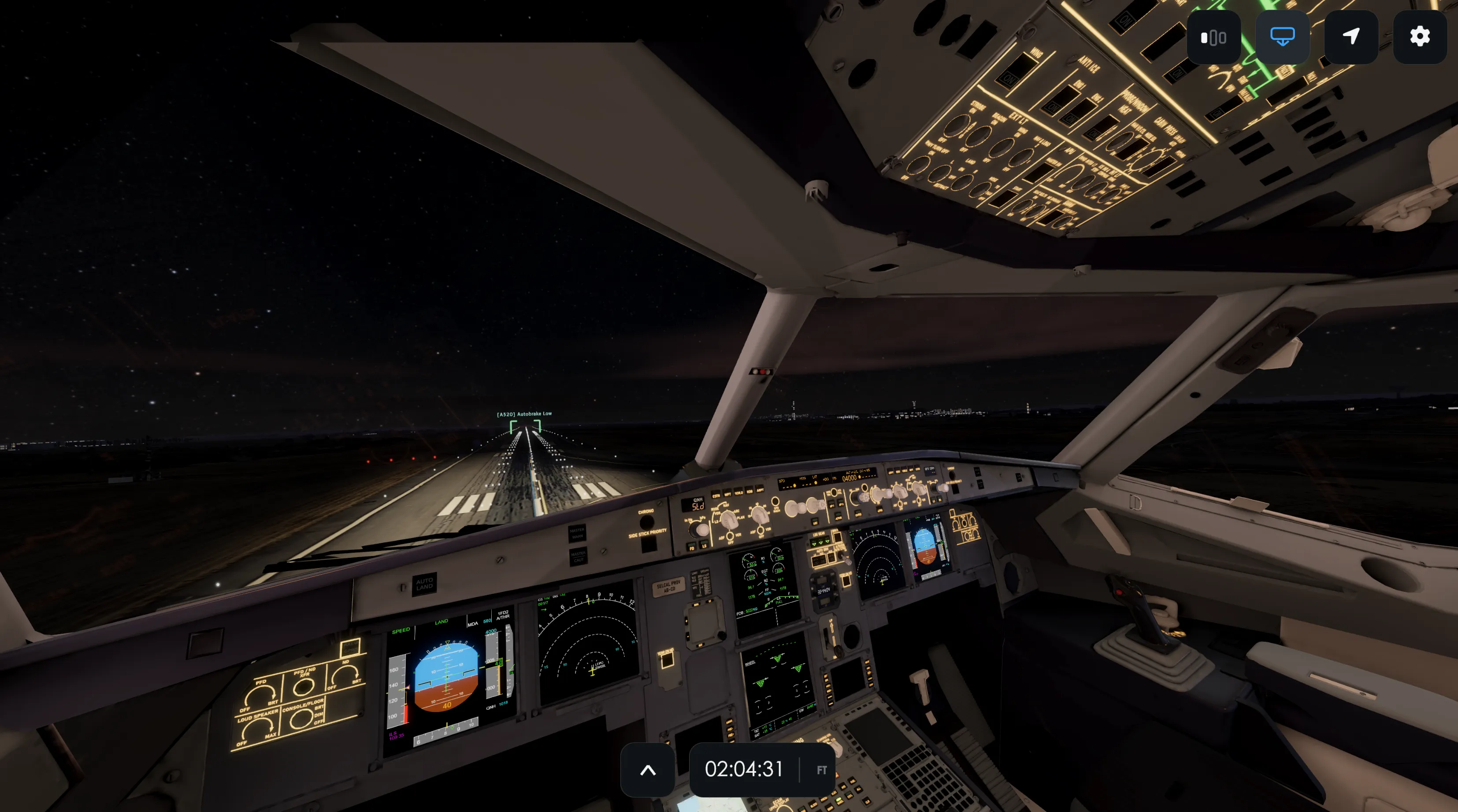SARA 3D: the cockpit of an A320 on short final at night, the runway approach lights ahead through the windshield, the primary flight and navigation displays lit by the recorded flight data.
