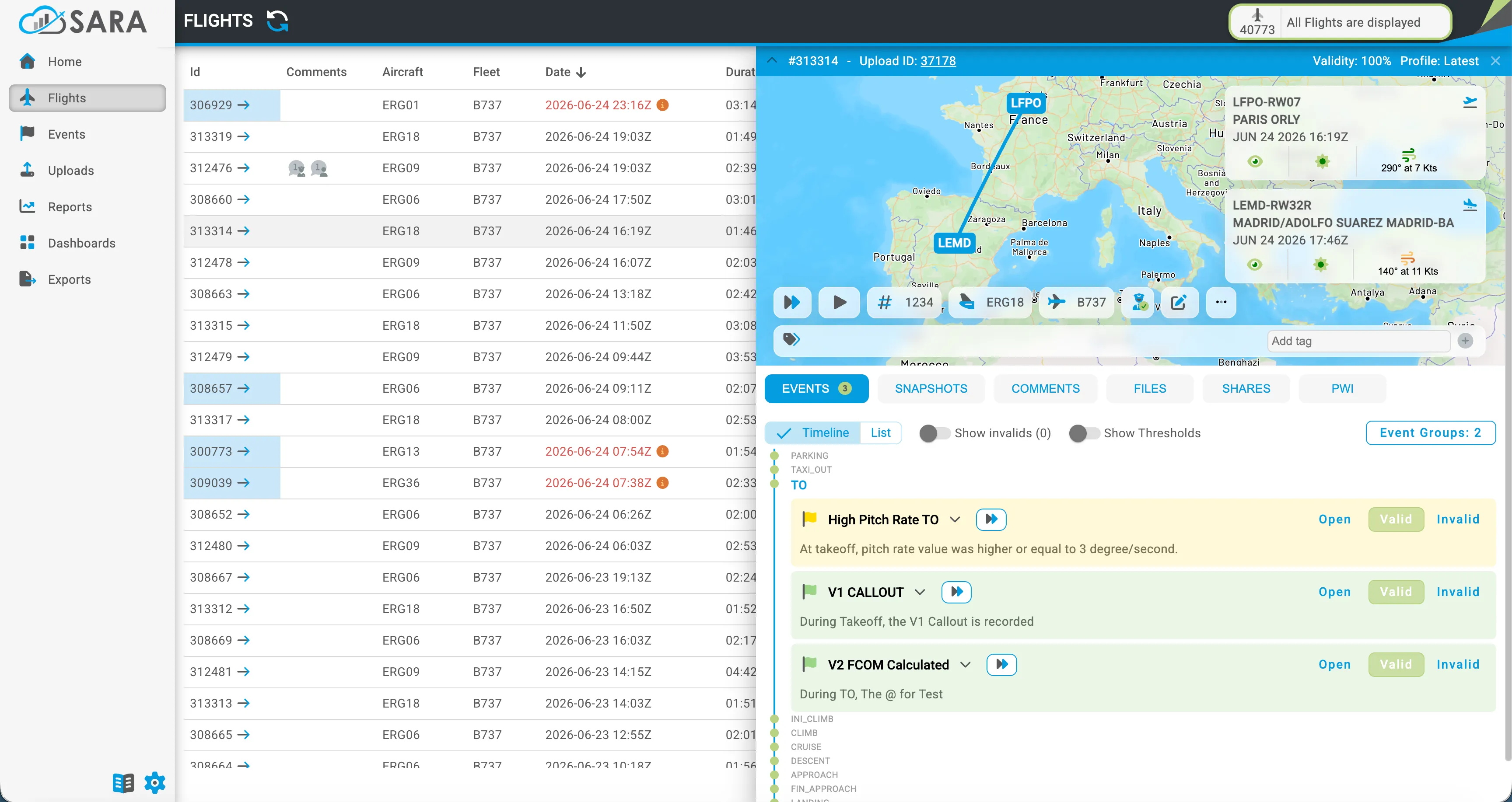 SARA.FDM flight view: a sortable flight list beside one flight opened on a route map from Paris Orly to Madrid, with its detected events placed on a timeline running from parking through take-off to landing.