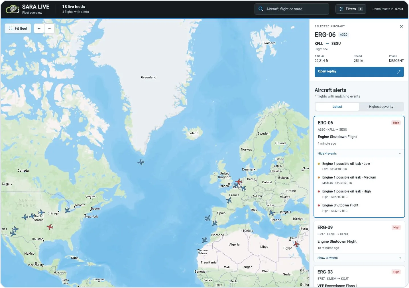 SARA.LIVE fleet overview: connected aircraft positioned on a world map, with the selected A320 flight details and its escalating engine oil alerts listed in a panel.
